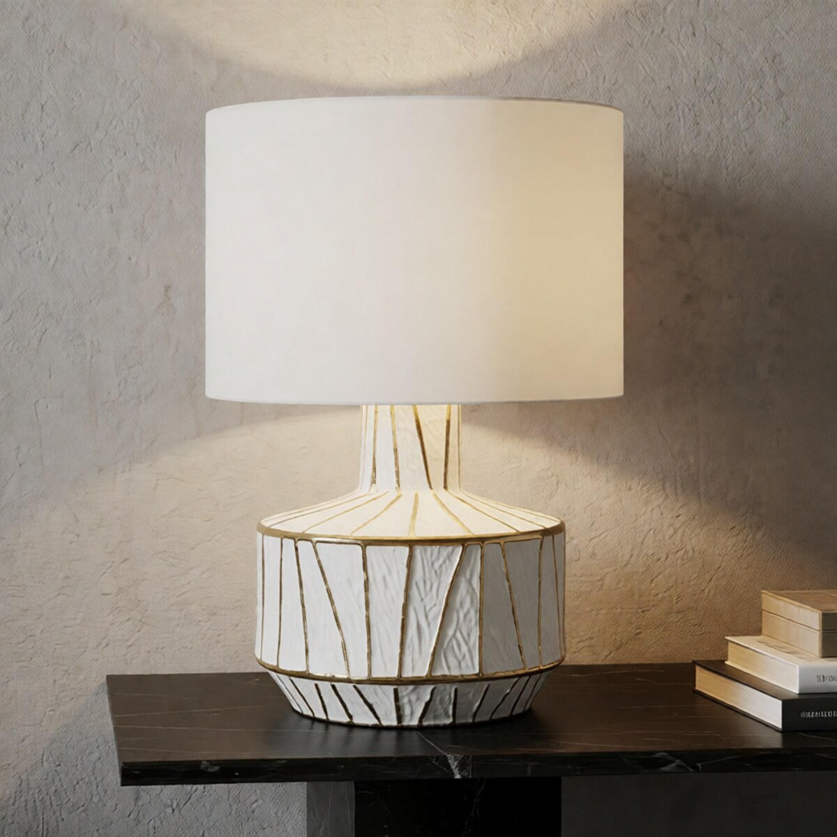 Lampa stołowa Tangeri, kolor biały i złoty, ceramika, żelazo i tkanina, 40 x 40 x 60 cm, 1 x E27, max. 40 W, do salonu i sypialni, Mauro Ferretti