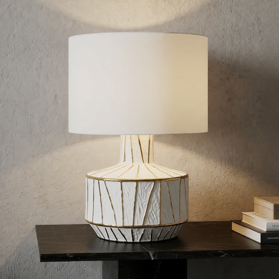 Lampa stołowa Tangeri, kolor biały i złoty, ceramika, żelazo i tkanina, 40 x 40 x 60 cm, 1 x E27, max. 40 W, do salonu i sypialni, Mauro Ferretti