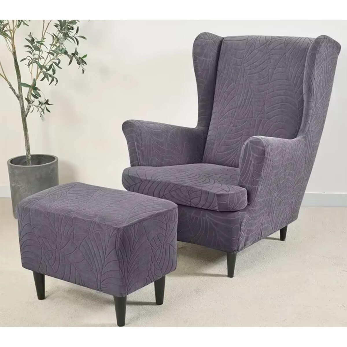 POKROWIEC NA FOTEL USZAK SZARY WELUR ŻAKARD WZORY ELASTYCZNY [30-Z3-SZ]