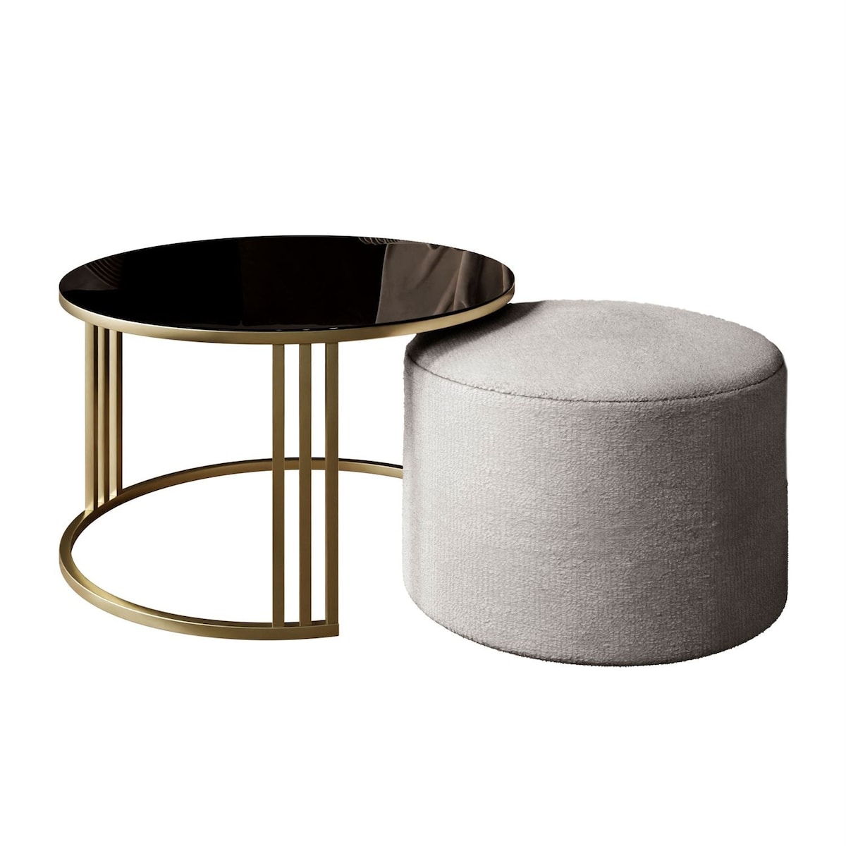 Stolik kawowy z pufą LORI GLASS złoto szczotkowane, czarne szkło / Perfect Harmony 82