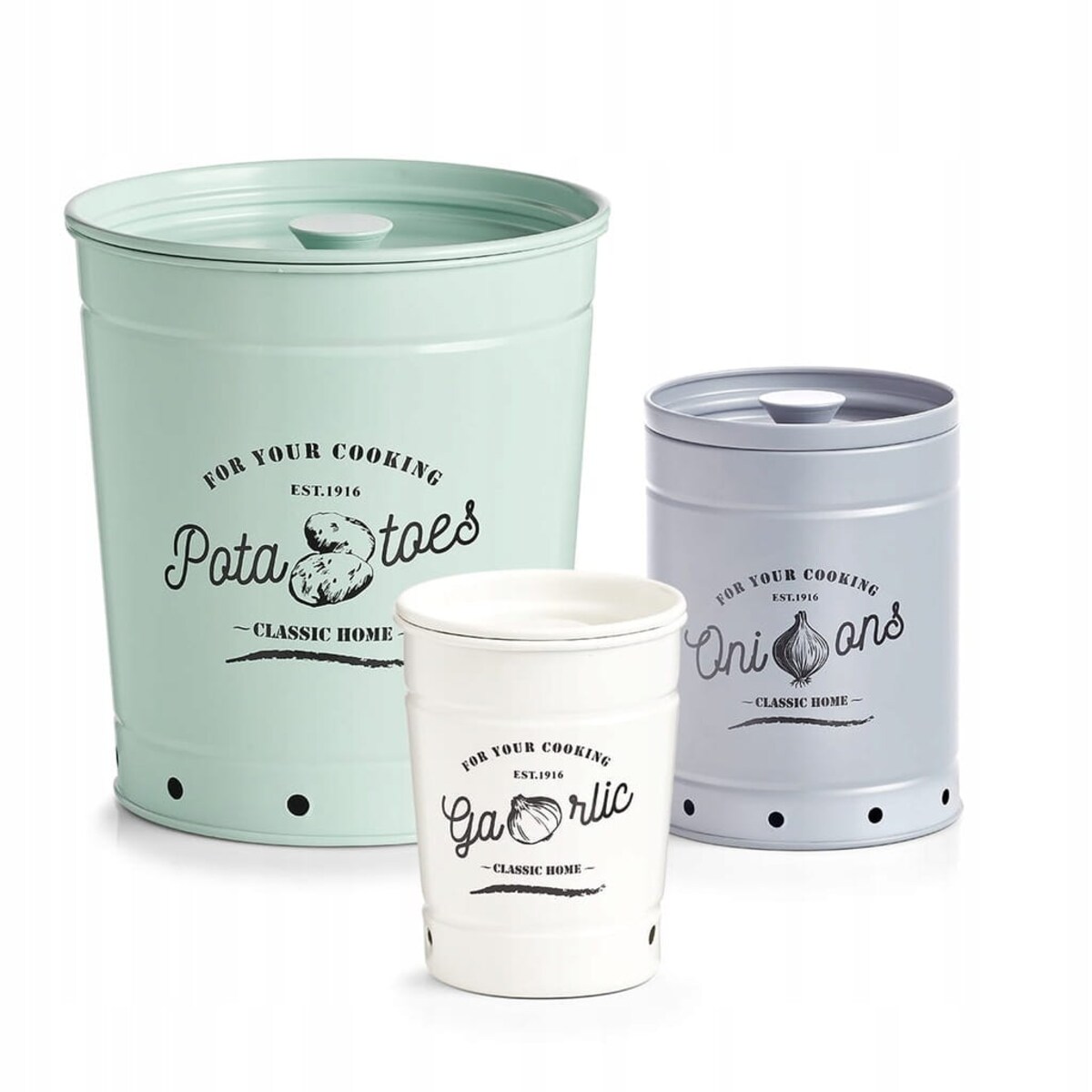 Pojemnik Pudełko Puszka Box na Czosnek metalowy Pokrywką Zeller Biały