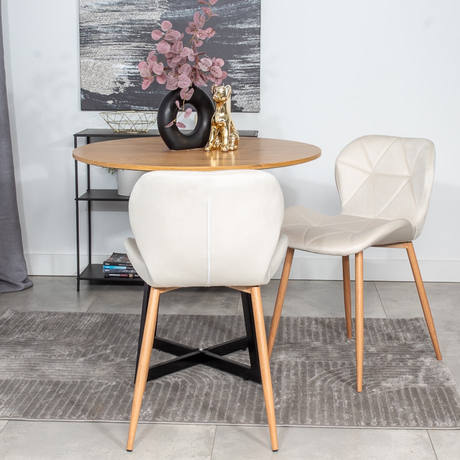 Krzesło tapicerowane welurowe beżowe jasne nogi do salonu