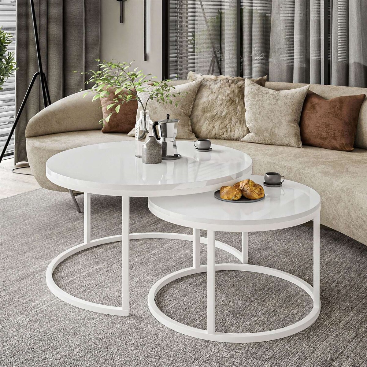 Okrągły stolik kawowy CIRI 2w1 biały połysk 80/60 cm