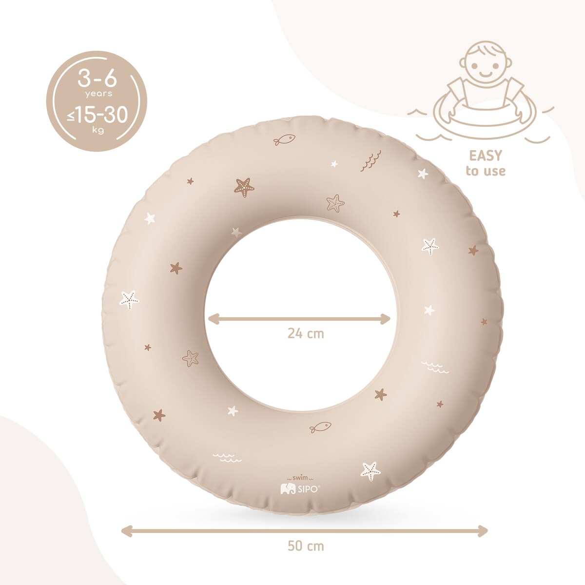 Sipo, Dmuchane Koło Do Pływania Dla Dzieci, Średnica 50 Cm, 3-6 Lat, 15-30 Kg, Beżowe
