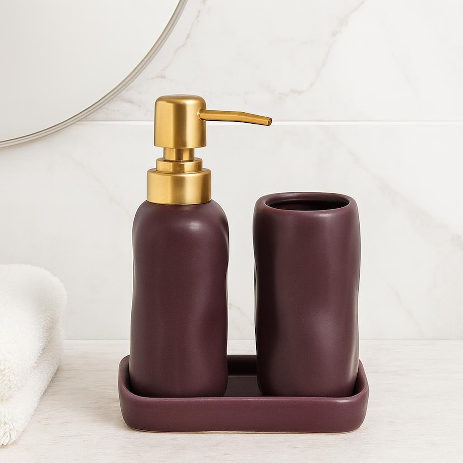 Komplet łazienkowy ze złotą pompką 400 ml 17x14x11 cm FLIKA bordowy