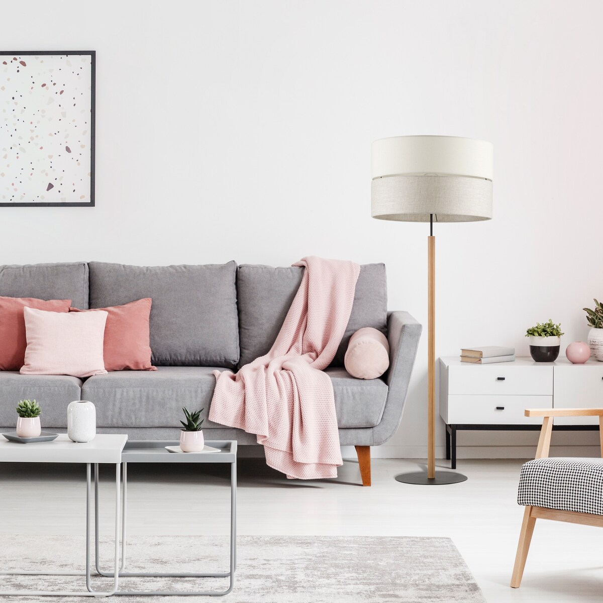 Lampa podłogowa TK Lighting ECO 5597 E27 szaro-beżowy abażur czarna podstawa z drewnem do salonu sypialni
