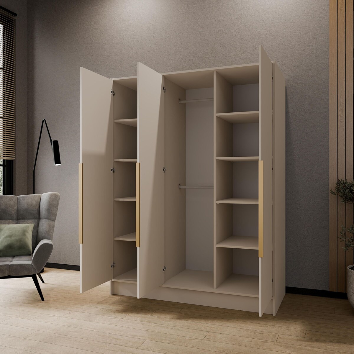 Szafa 150 gładka ORTO bez lustra ze złotymi uchwytami, kaszmirowa