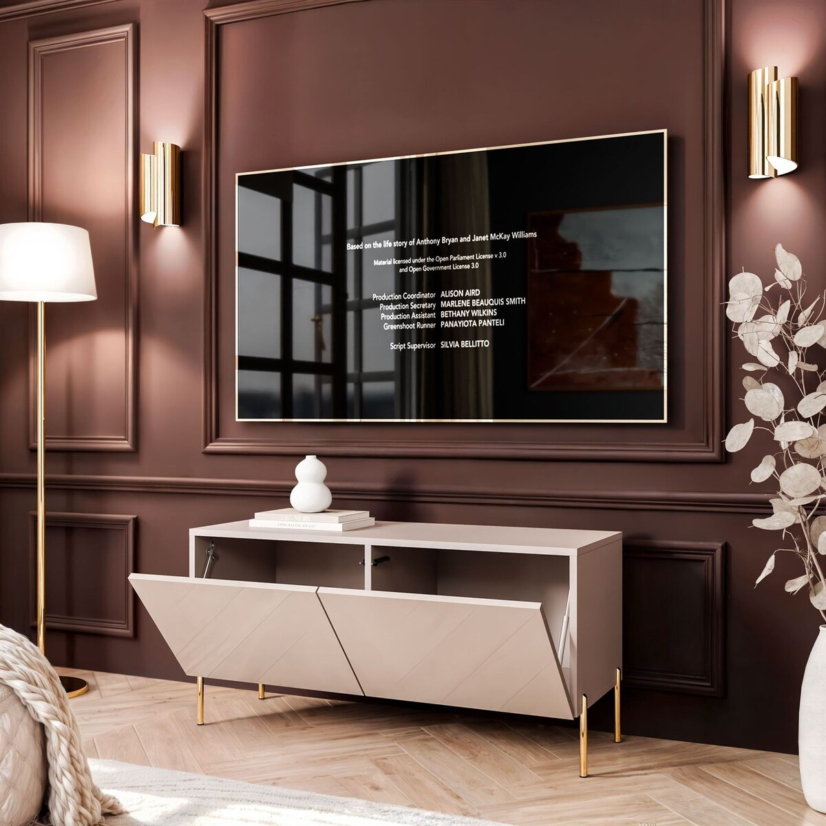 Szafka RTV COLGANTE 100 kaszmir wysoki połysk, oświetlenie LED, nóżki proste złote