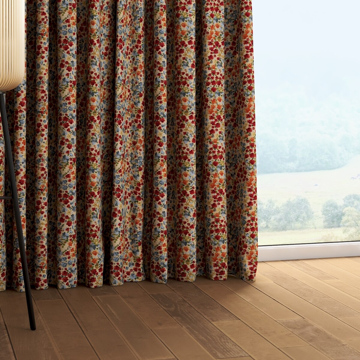 Zasłona na taśmie marszczącej 1 szt. 130x260 kolorowe drobne kwiaty na beżowym tle