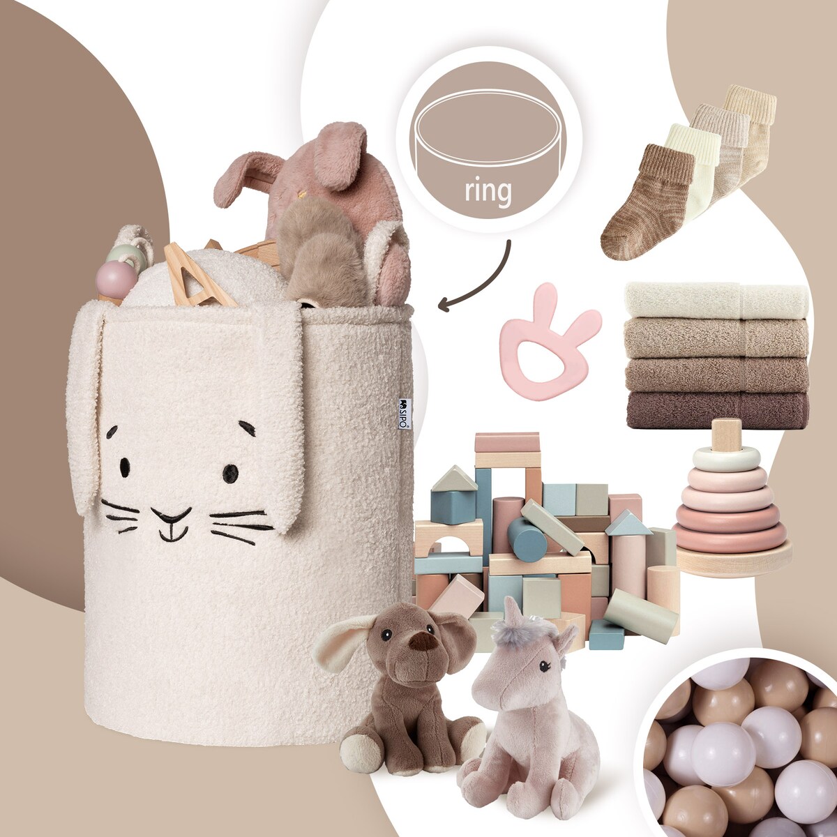 kosz na zabawki sipo, wersja premium boucle, zamykany na ściągacz, kremowy królik, xl