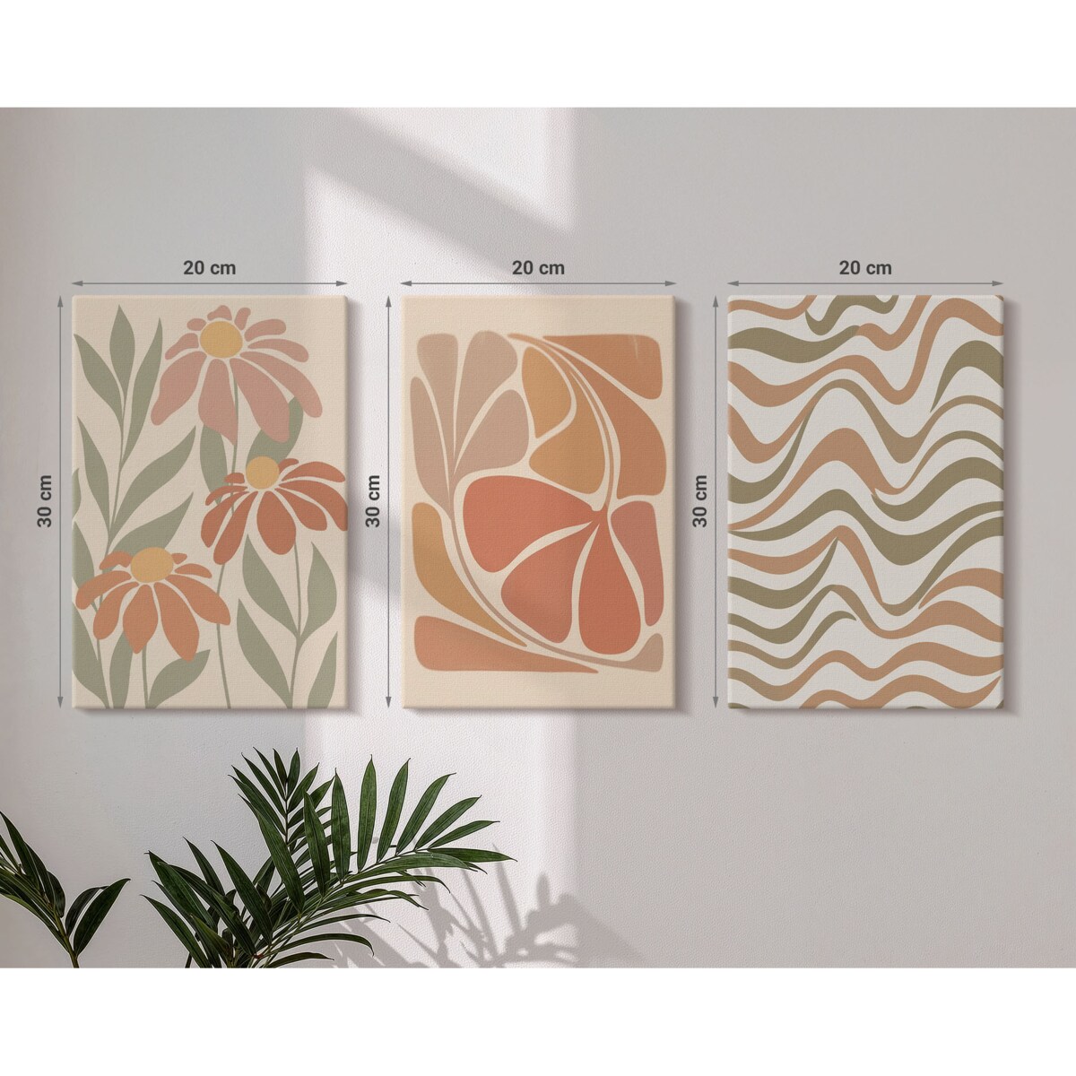 Zestaw 3 małych obrazów na płótnie - Kwiaty pastelowe abstrakcje boho - pomarańczowy