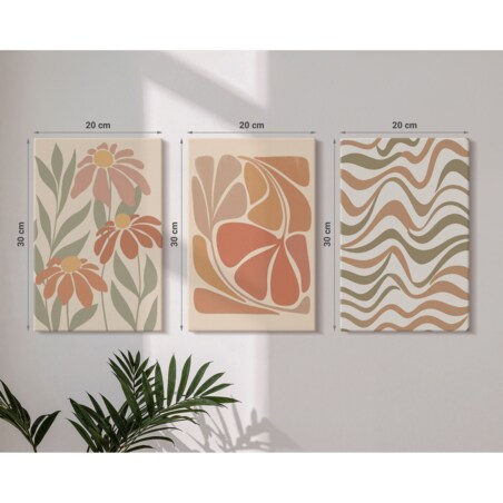 Zestaw 3 małych obrazów na płótnie - Kwiaty pastelowe abstrakcje boho - pomarańczowy