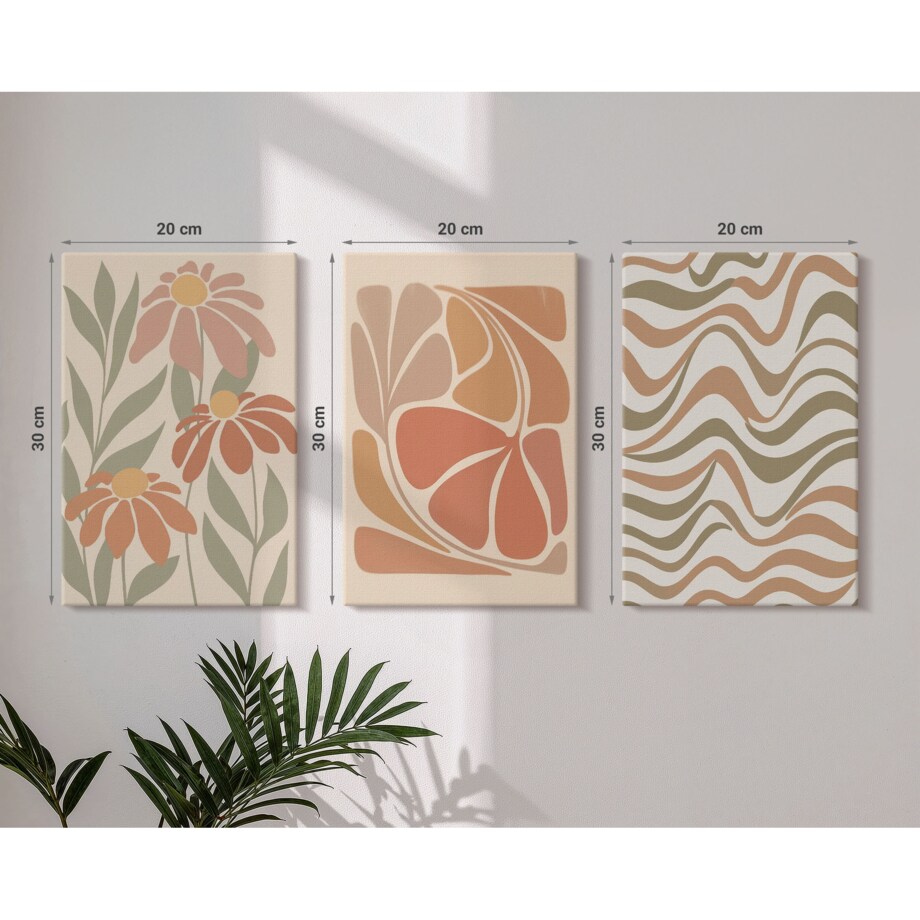 Zestaw 3 małych obrazów na płótnie - Kwiaty pastelowe abstrakcje boho - pomarańczowy