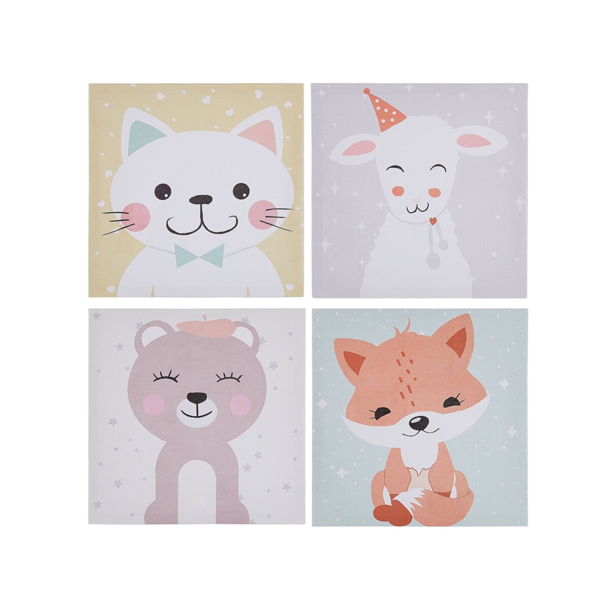 Zestaw 4 obrazów na płótnie zwierzęta 30 x 30 cm kolorowy BOMBI