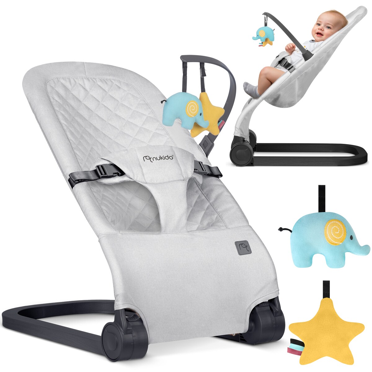 Leżaczek bujany z zabawkami składany bujaczek kołyska Nukido