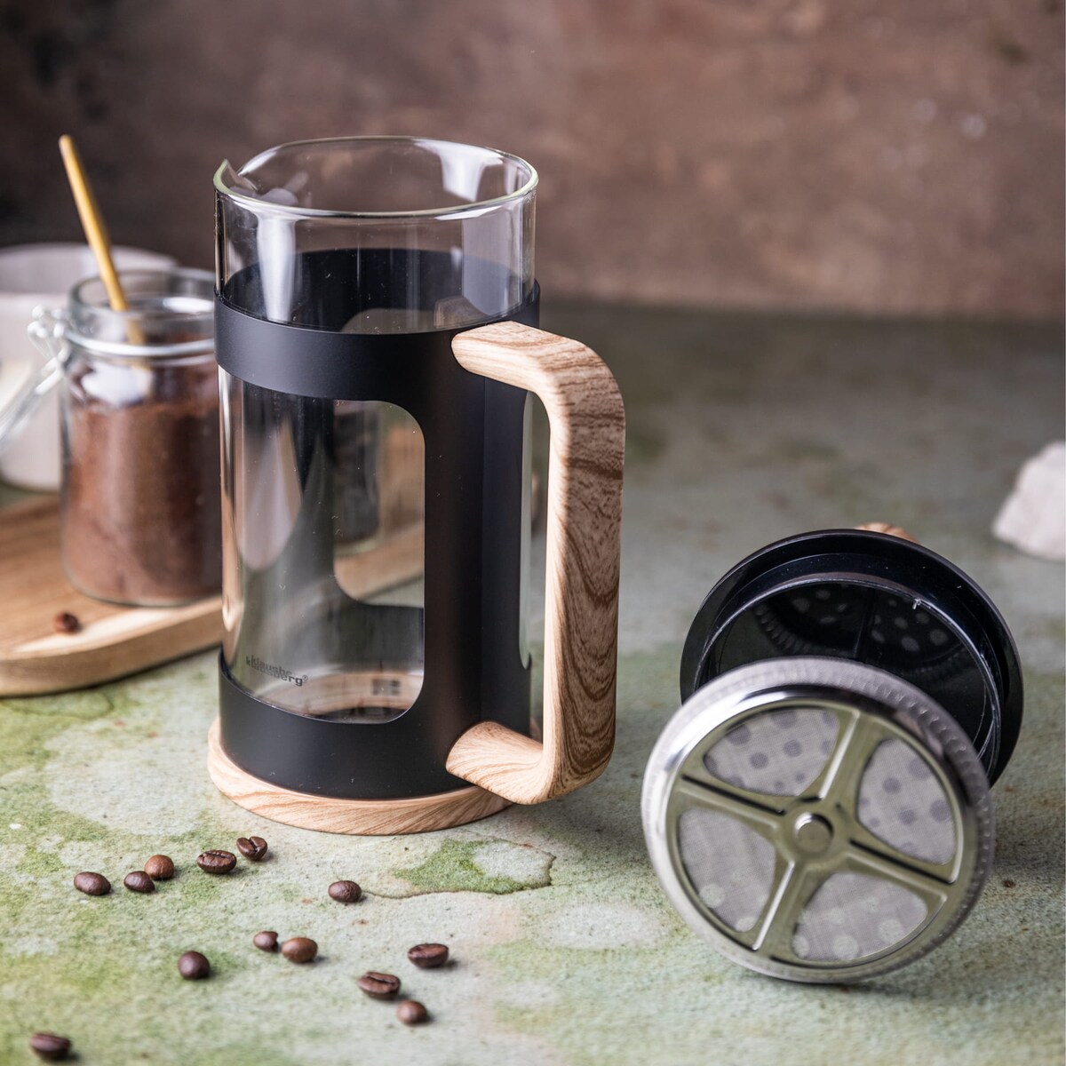 Zaparzacz do kawy herbaty 0.35L French Press drewniany uchwyt KLAUSBERG