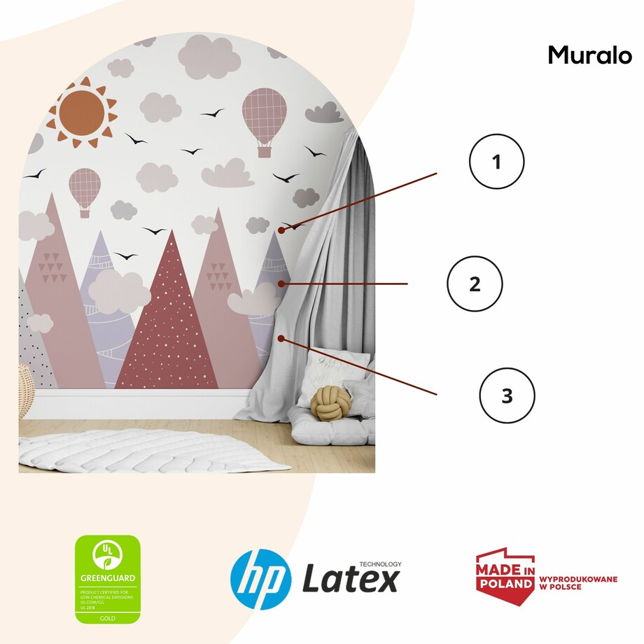 ZESTAW NAKLEJEK NA ŚCIANĘ DLA DZIECI RÓŻOWE GÓRY PTAKI CHMURY STYL BOHO