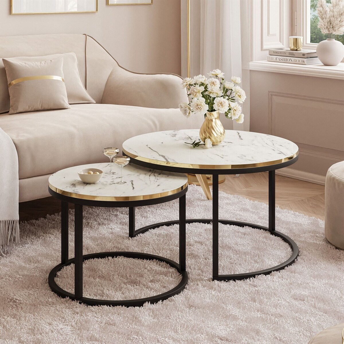 Okrągły stolik kawowy SOLEIL 2w1 czarny marmur carrara