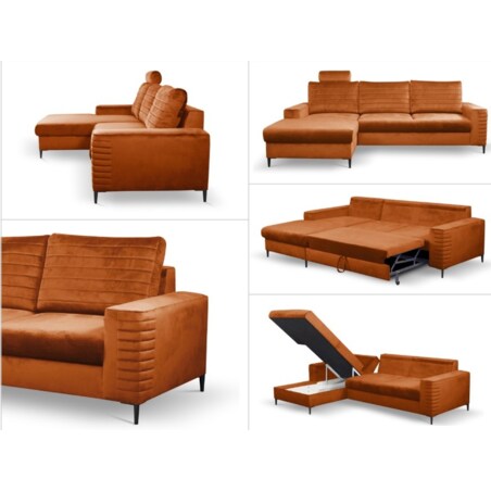 Narożnik rozkładany z zagłówkiem i pojemnikiem OLI, lewostronny, rdzawy