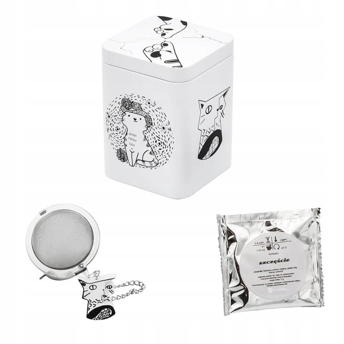 Zestaw prezentowy upominkowy CAT ARTIST metalowa puszka nierdzewny zaparzacz herbata - prezent upominek dla kobiety dziewczyny mamy żony babci niej