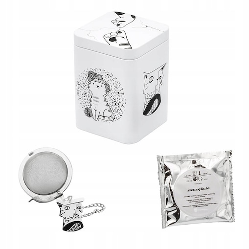 Zestaw prezentowy upominkowy CAT ARTIST metalowa puszka nierdzewny zaparzacz herbata - prezent upominek dla kobiety dziewczyny mamy żony babci niej