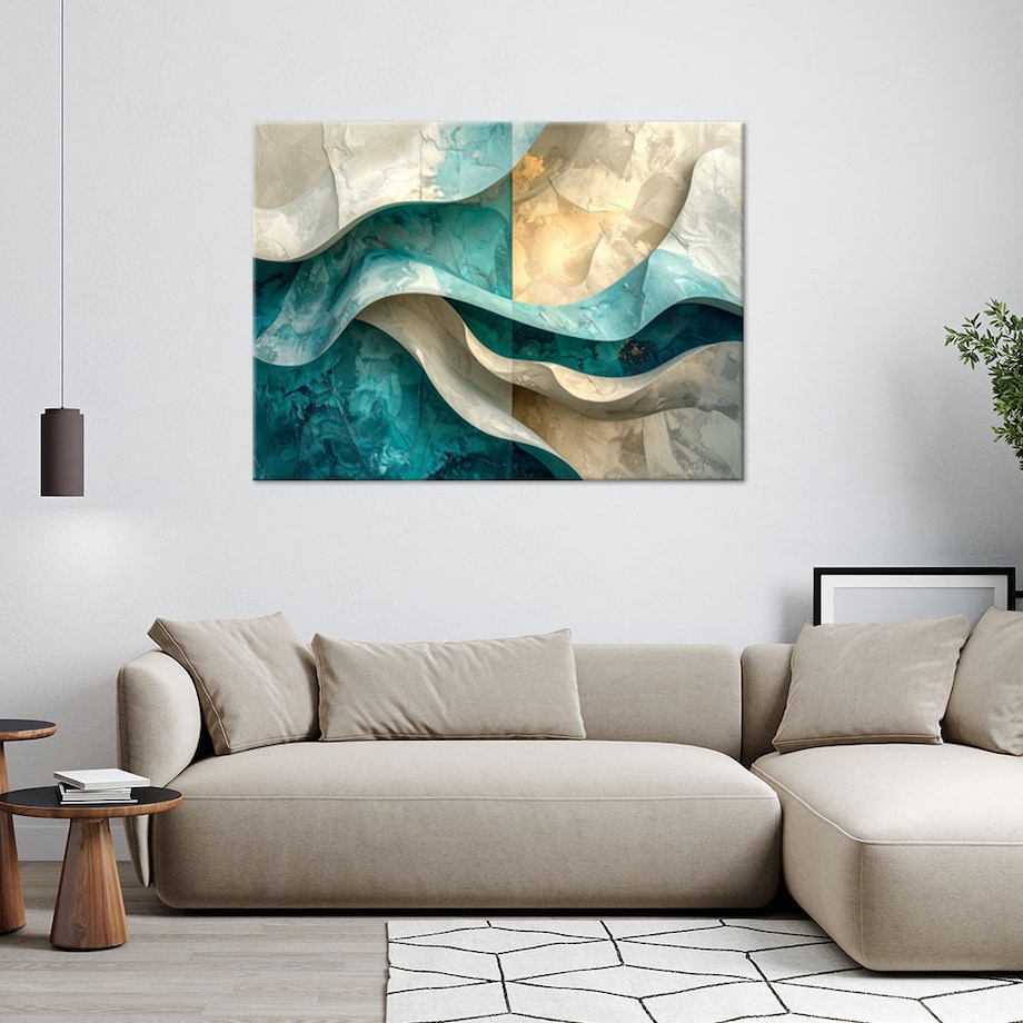 Obraz do salonu sypialni biura, Abstrakcyjne fale linie efekt 3d turkus beż 30x20 cm