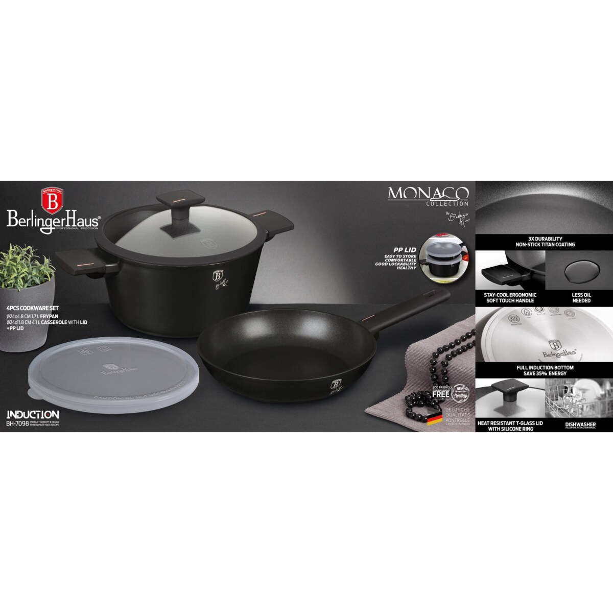 Zestaw garnek z patelnią 24cm z powłoką tytanową 4-ele BERLINGER HAUS Monaco