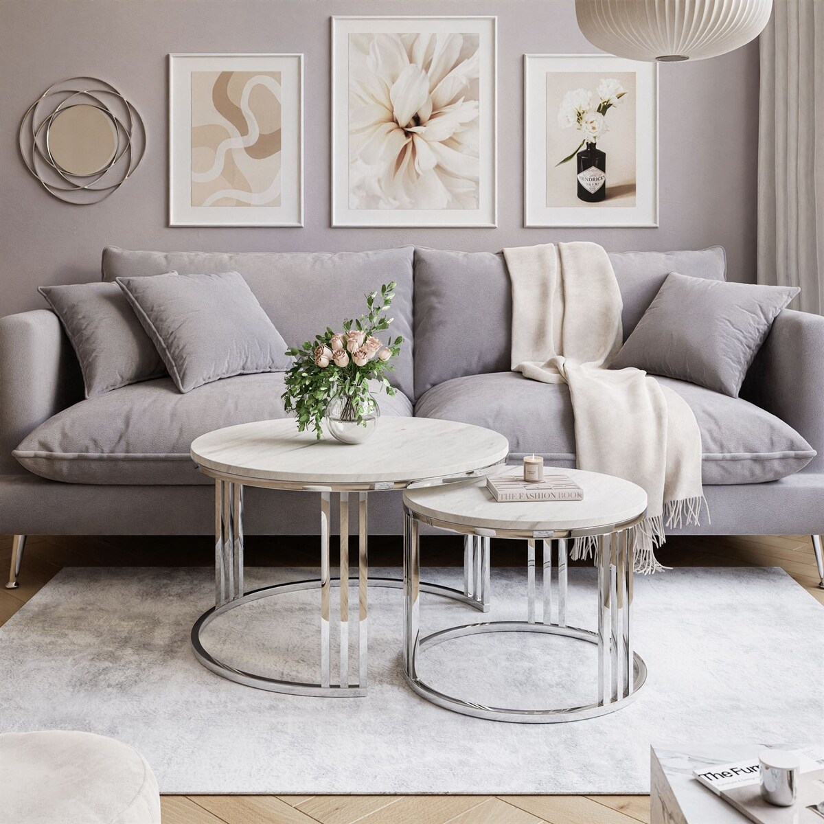 Okrągły stolik kawowy 2w1 LORI srebrny chrom marmur levanto