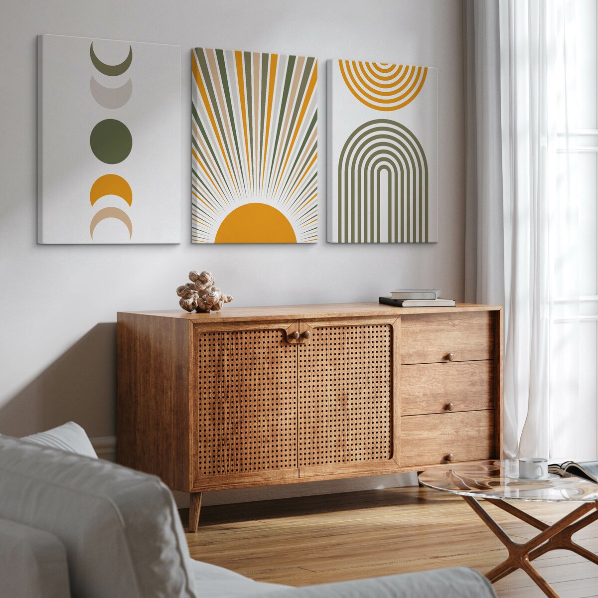 3x Obraz Na Płótnie Do Salonu Set Styl Boho Księżyce Słońce Abstrakcja 30x40cm