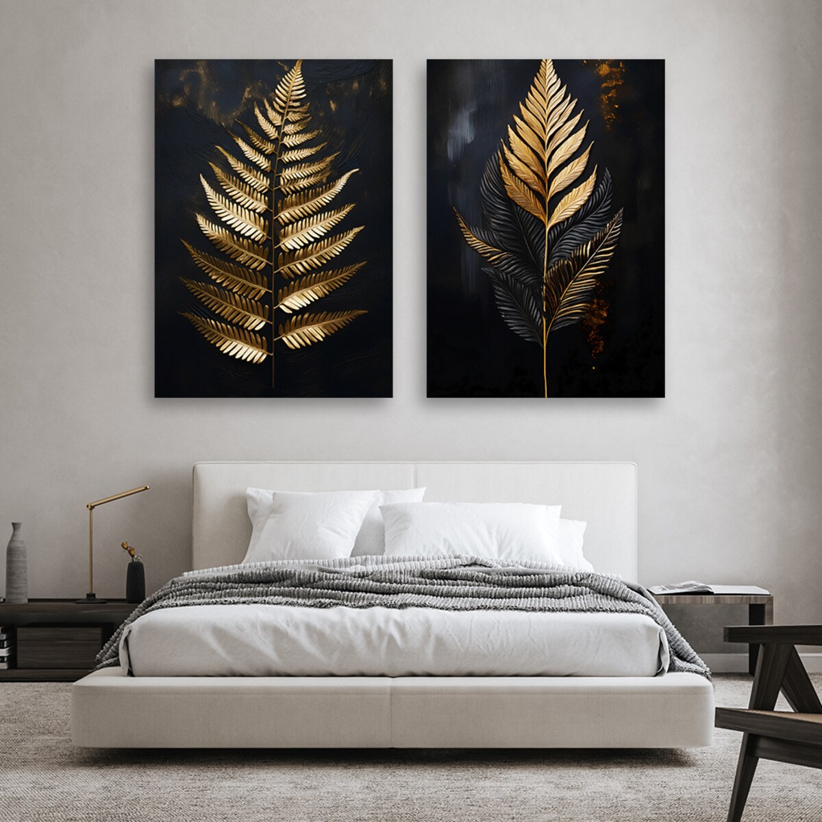 Zestaw set 2 sztuki obrazów do salonu sypialni biura łazienki Paproć Złote Liście Glamour 140x100 (2x70x100)