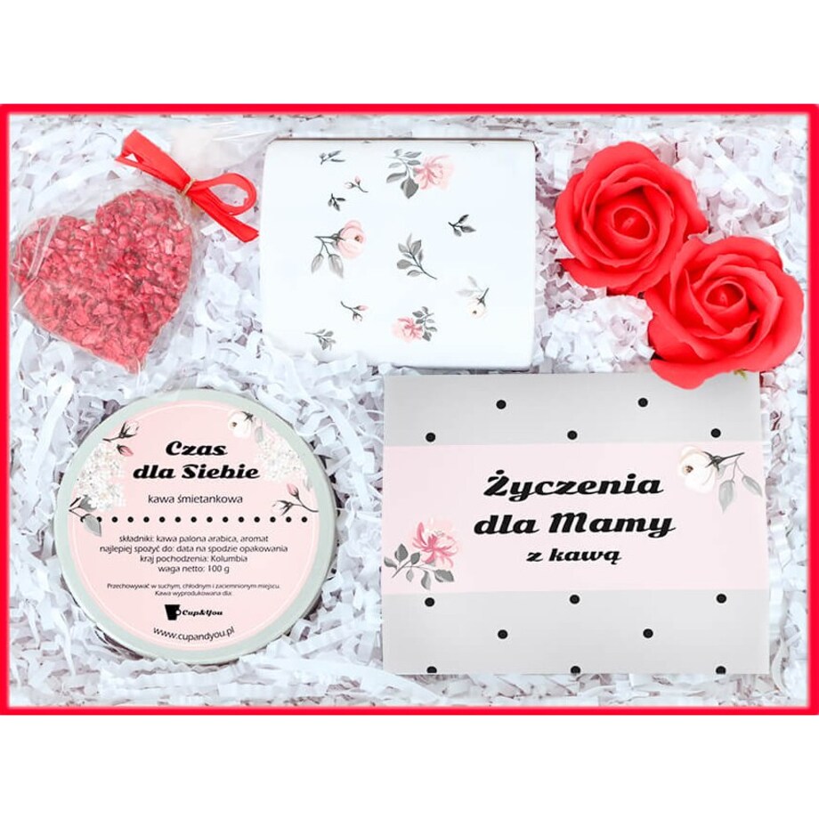 Gotowy zestaw prezentowy „Dziękuję, że jesteś“ kawy smakowe kubek czekoladowe serce kawa PREMIUM mydlane róże prezent upominek na Dzień Matki dla mamy