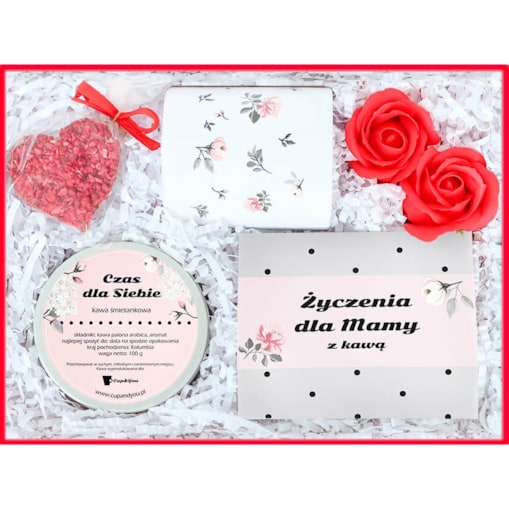 Gotowy zestaw prezentowy „Dziękuję, że jesteś“ kawy smakowe kubek czekoladowe serce kawa PREMIUM mydlane róże prezent upominek na Dzień Matki dla mamy