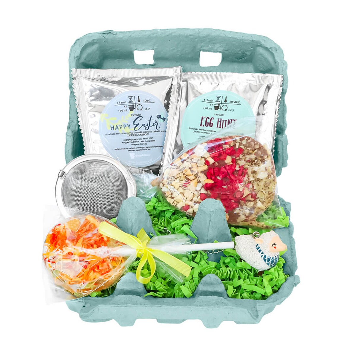 ORYGINALNA PACZKA NA WIELKANOC ZAJĄCZKA - ZESTAW PREZENTOWY HERBATA LIZAK MANGO TANGO CZEKOLADKA ZAPARZACZ - PREZENT UPOMINEK DLA KOBIETY FACETA