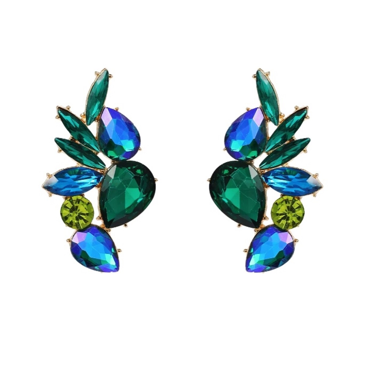 Niebieskie zielone złote KOLCZYKI krótkie przy uchu sztyfty 5cm długości