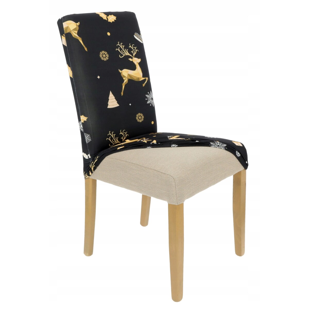 POKROWIEC NA KRZESŁO CZARNY ŚWIĄTECZNE WZORY ELASTYCZNY [21DP1]