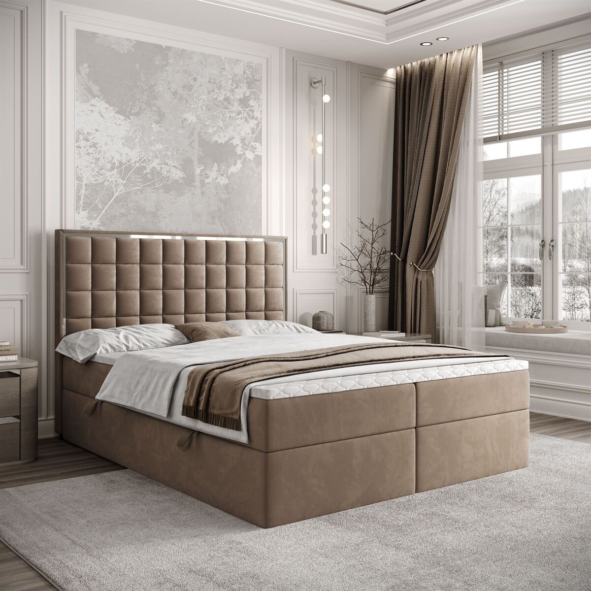 Łóżko kontynentalne ISADORA SILVER, pojemnik na pościel, 140x200, RV 176, topper