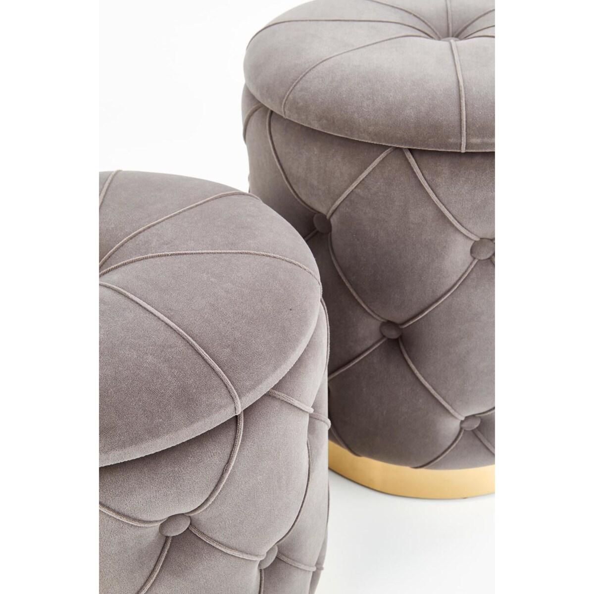 2 PUFY ZE SCHOWKIEM Grena szare PIKOWANE złota podstawa