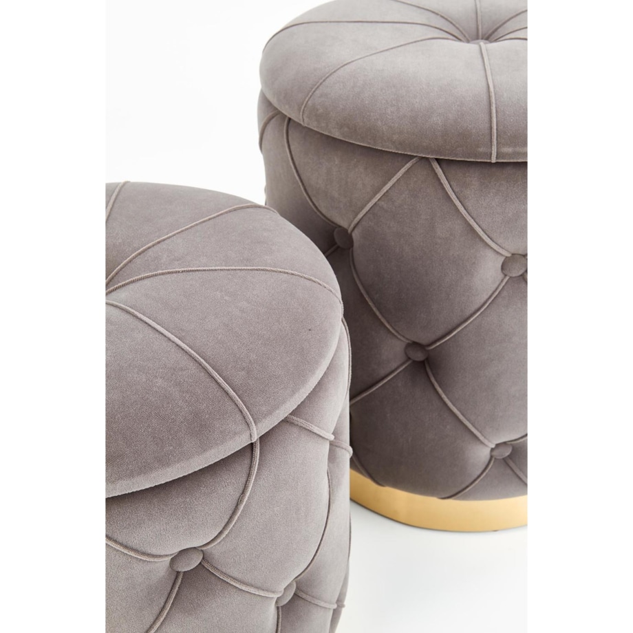 2 PUFY ZE SCHOWKIEM Grena szare PIKOWANE złota podstawa