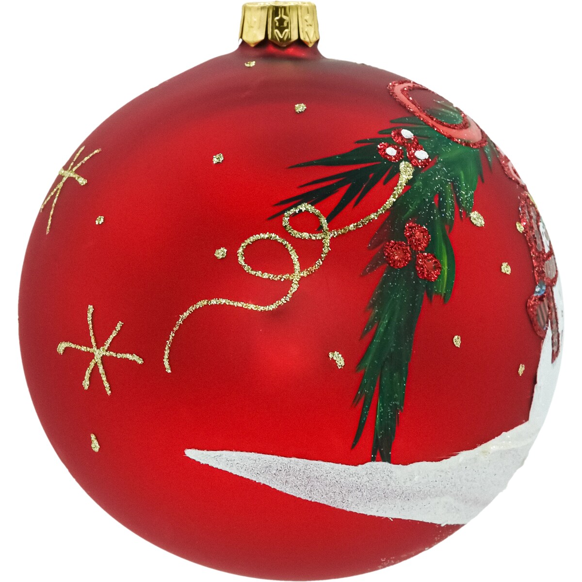 Bombka okrągła czerwona szklana: Bałwanki przy choince