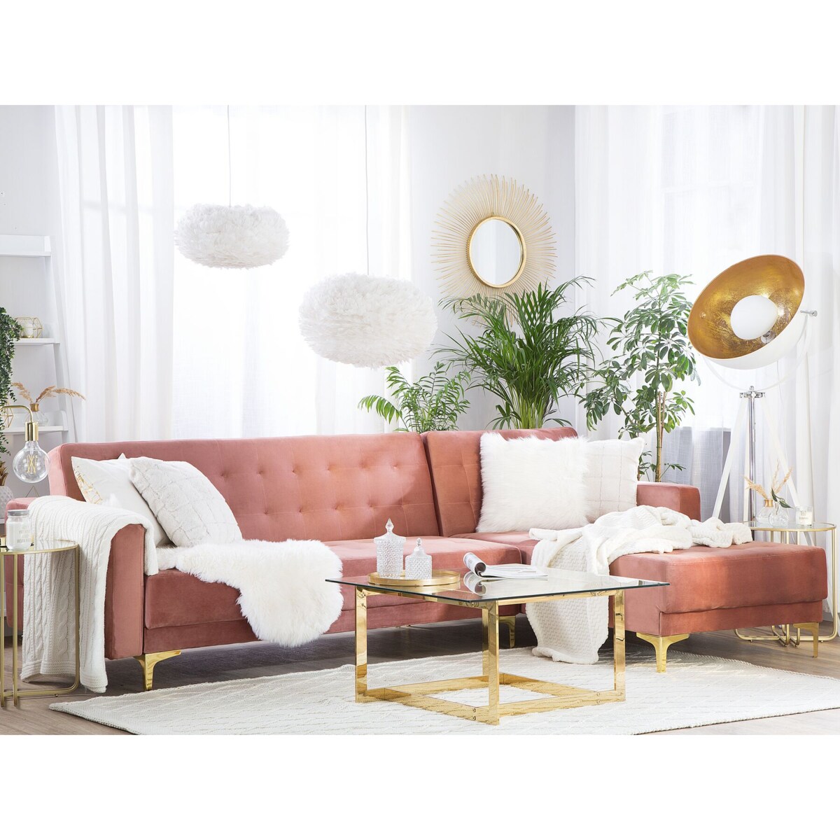 Narożnik rozkładany 4-osobowy welurowy lewostronny różowy ABERDEEN