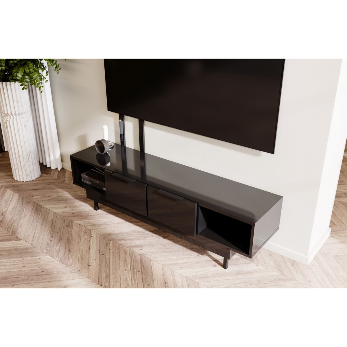 Elegancka czarna komoda RTV Dancan ARTEMISA ze złotymi dodatkami