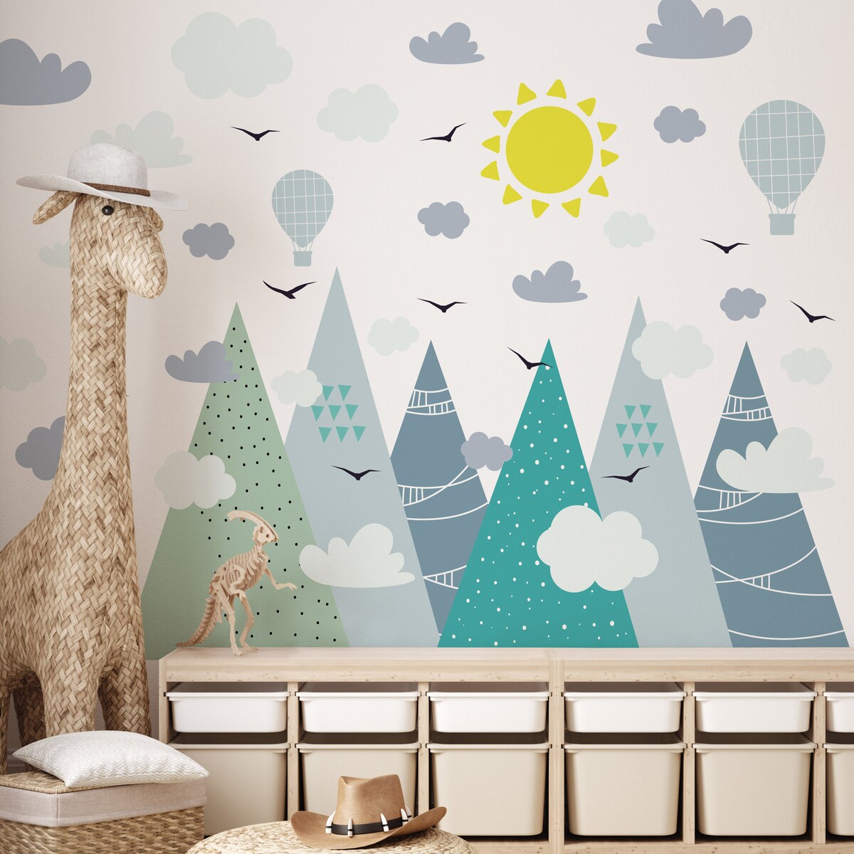 ZESTAW NAKLEJEK NA ŚCIANĘ DLA DZIECI GÓRY BALONY CHMURY PTAKI STYL BOHO