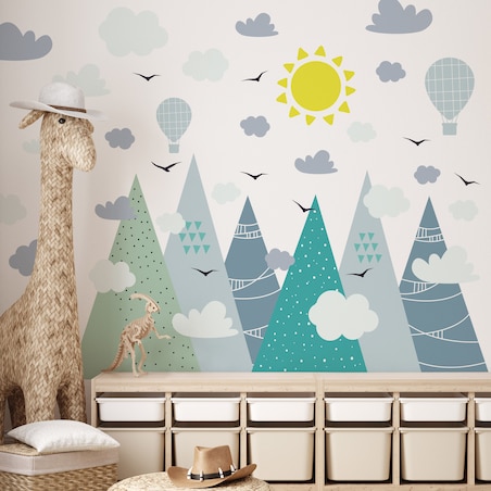 ZESTAW NAKLEJEK NA ŚCIANĘ DLA DZIECI GÓRY BALONY CHMURY PTAKI STYL BOHO