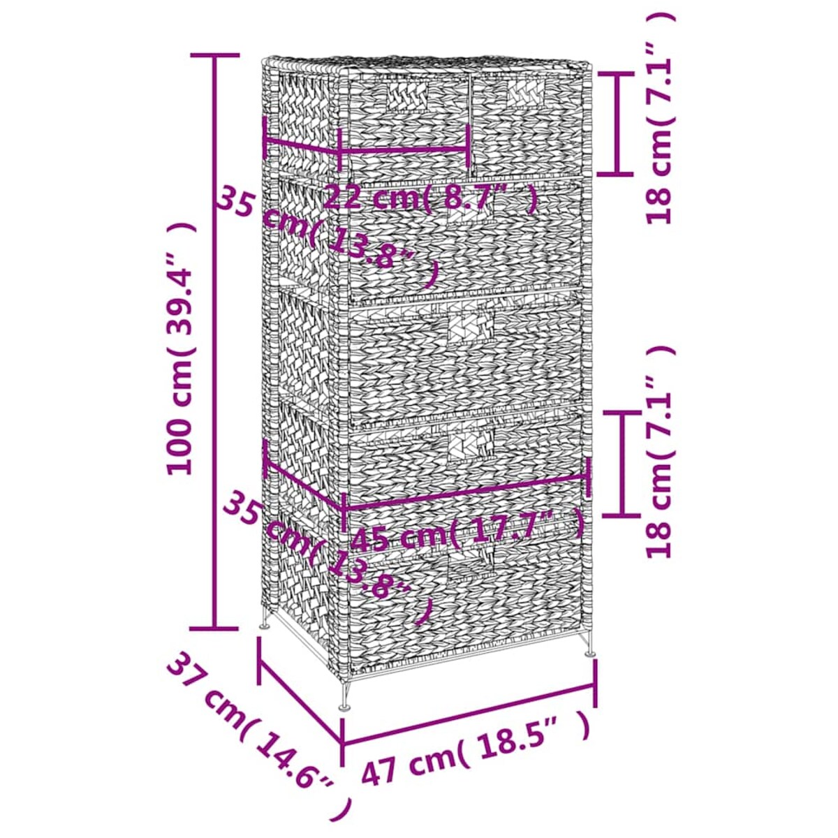 vidaXL Szafka z hiacyntu wodnego z 6 koszami 47 x 37 x 100 cm