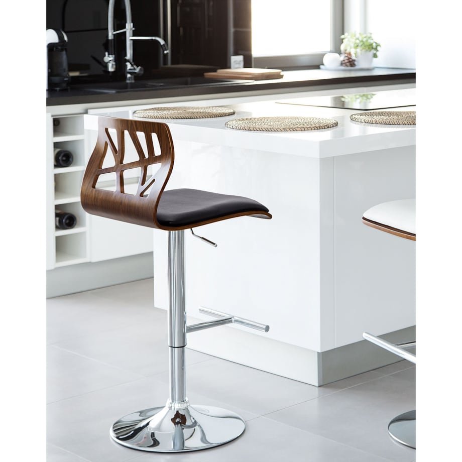 Hoker barowy regulowany ciemne drewno z poduszką czarną PETERSBURG