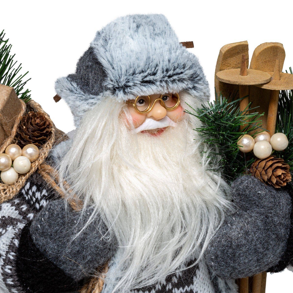 Figurka materiałowa Święty Mikołaj z nartami 45 cm