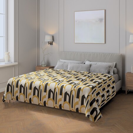 Pled narzuta 220x260cm 220x260 czarno-żółte wzory na kremowym tle