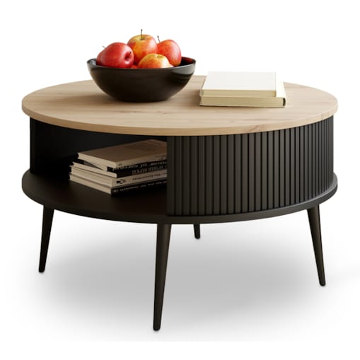 Nowoczesny Stolik Kawowy Okrągły DO SALONU Lamele Czarne DĄB ARTISAN 76 cm