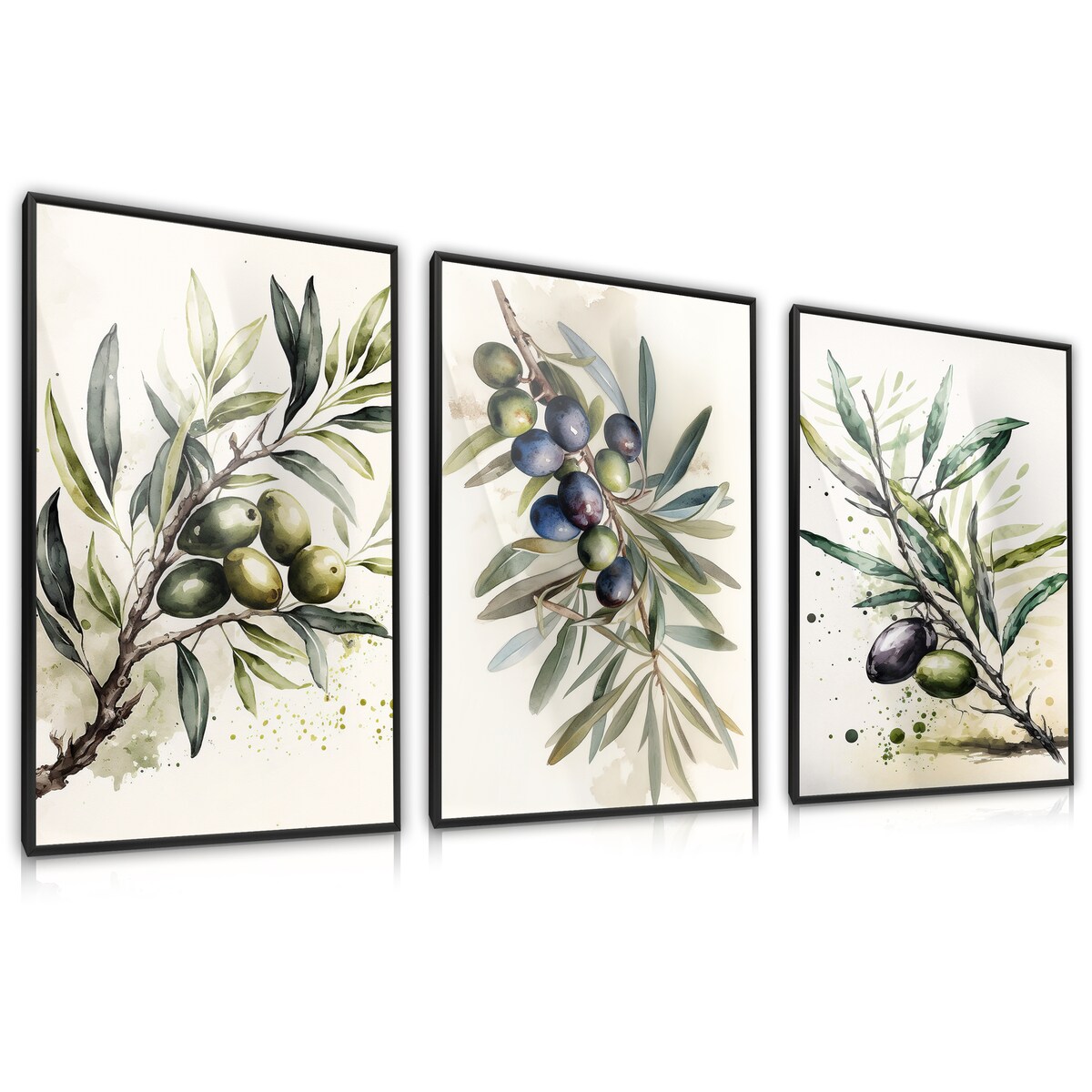 ZESTAW 3X PLAKAT W RAMIE DO JADALNI GAŁĄZKI OLIWNE AKWARELE LIŚCIE 30x40cm