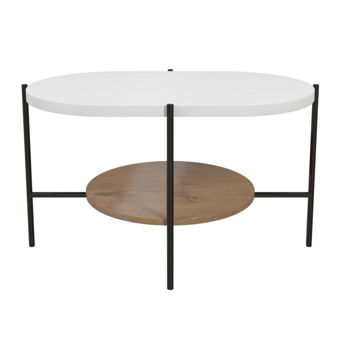 Nowoczesny stolik kawowy Dancan ARENA / czarna podstawa + biały i dębowy blat
